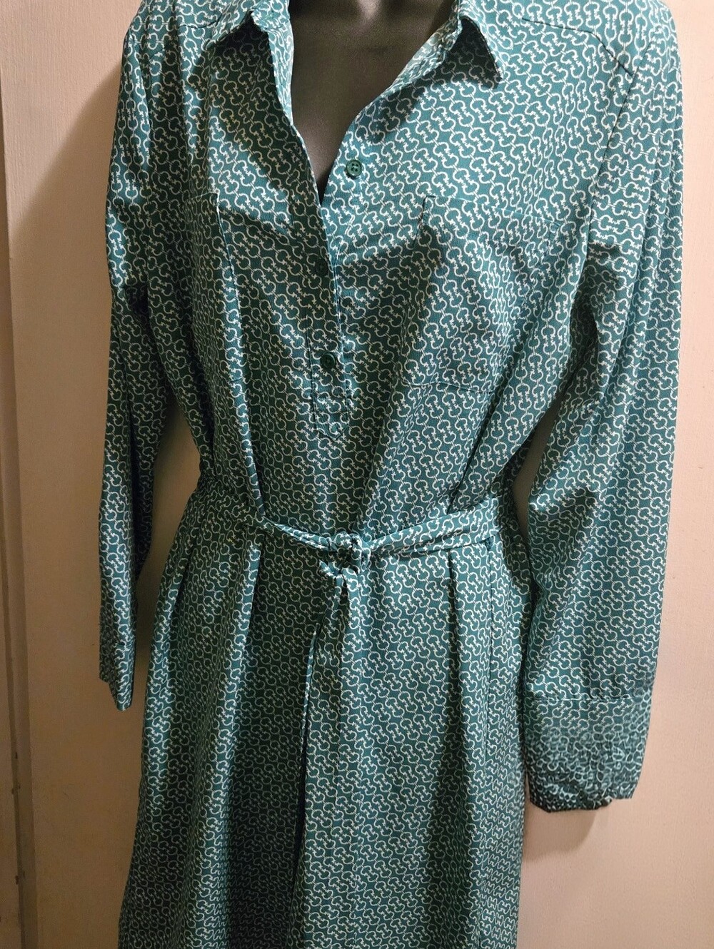 CWonder Turqoise Green Patterned Long-Sleeve Shirt Dress with Tie Waist